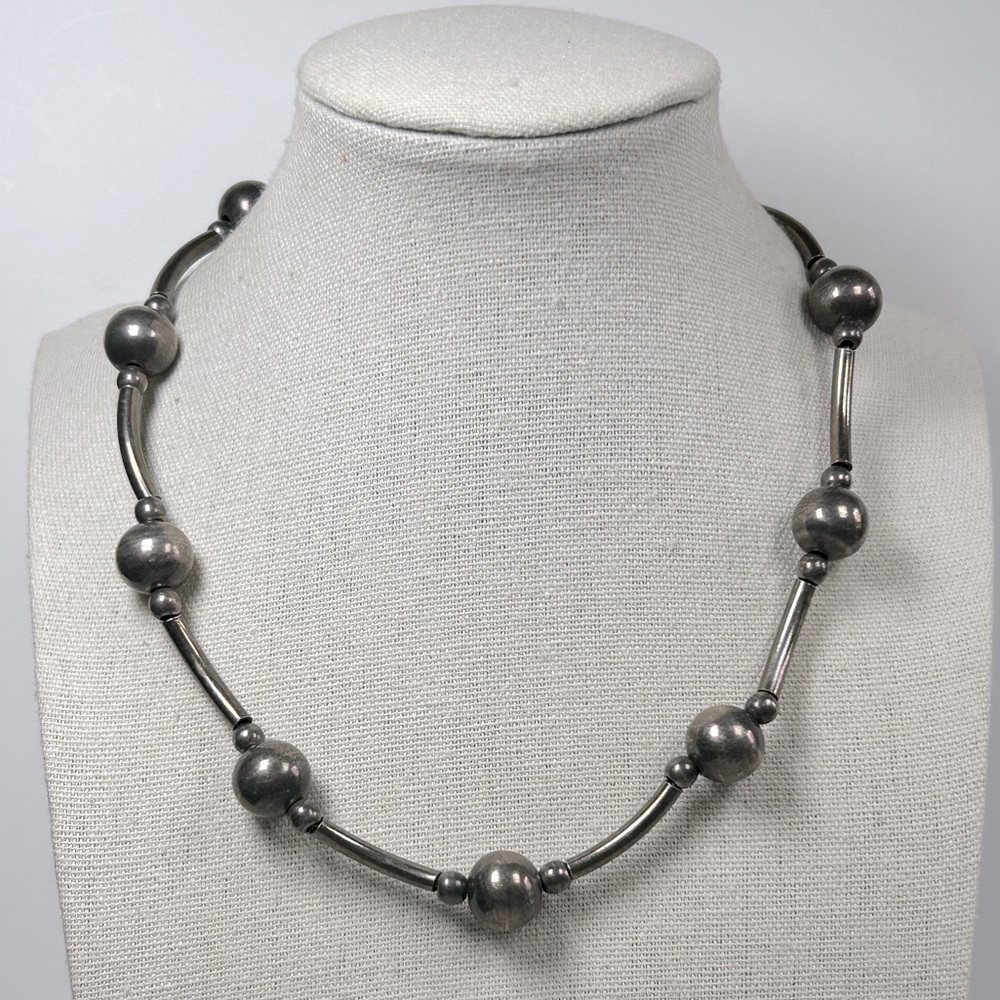 Vintage Sterling Silver 926 Ball 10mm Bar Stick Pearl Necklace 43 grams 16”